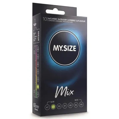 Verpackung von MY.SIZE Mix Kondomen, verschiedene Größen und Sorten, schwarzes Design mit blauem Kreis.