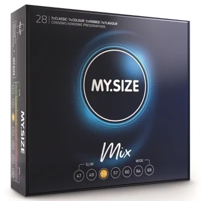 Schwarze Verpackung von MY.SIZE Mix Kondomen, 28 Stück, verschiedene Größen und Typen: Classic, Colour, Ribbed, Flavour.