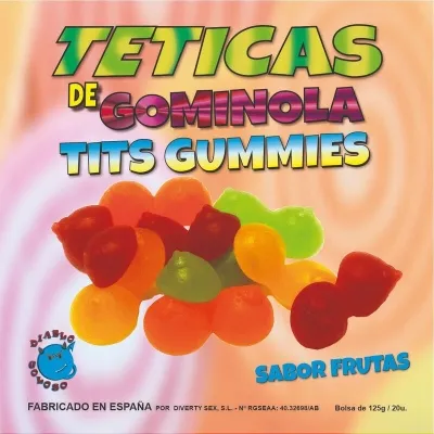 Colorful fruit gummies in the shape of breasts, packaging with text "TETICAS DE GOMINOLA TITS GUMMIES", made in Spain.