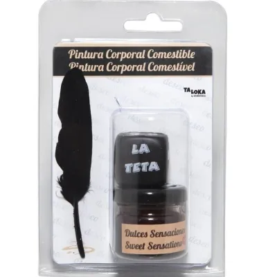 Packaging with edible body paint and feather, text: "Dulces Sensaciones, Sweet Sensations", "La Teta".