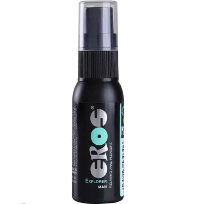 Black bottle labeled "EROS Explorer Man Relaxing Anal Pleasure", spray nozzle on top.