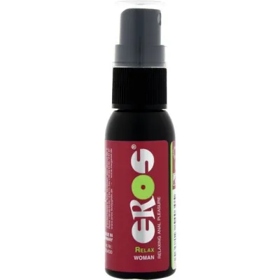 Schwarze Sprühflasche mit rotem Etikett, Aufschrift "EROS Relax Woman".