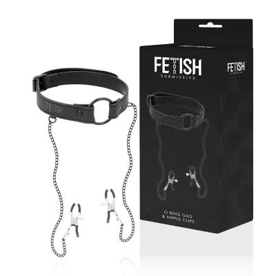 Black O-ring gag with nipple clamps and packaging labeled "Fetish Submissive".