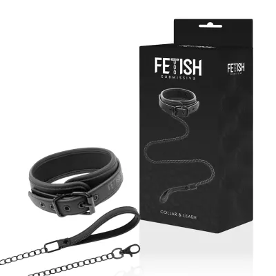 Black collar with leash, packaging labeled "Fetish Submissive Collar & Leash".
