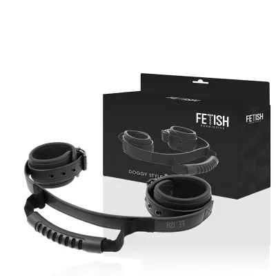 Black restraints with handle, packaging in the background, product name "Doggy Style" on the box.