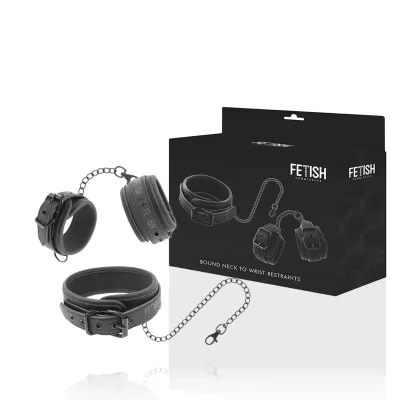Black neck and handcuffs with chain, next to packaging with product image and logo.