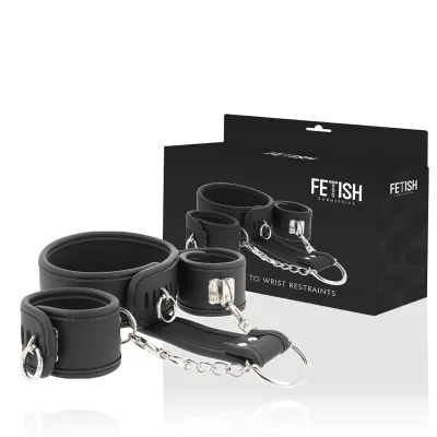 Black handcuffs with chain, packaging in the background, product name "Fetish Submissive".