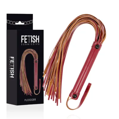 Red flogger with brown straps and black packaging with the inscription "Fetish Submissive".