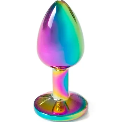 Colorful, metallic plug in rainbow colors with a smooth surface and wide base.