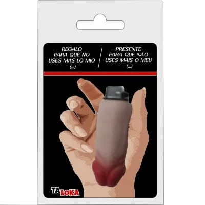 Packaging with a lighter in the shape of a finger, text in Spanish and Portuguese, brand "Ta Loka".