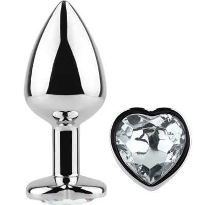 Silver plug with a heart-shaped crystal at the base, shiny and decorative.