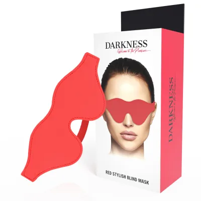 Red eye mask in front of packaging with a person's face, text: "Darkness, Welcome to the Pleasure, Red Stylish Blind Mask".