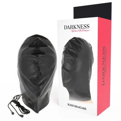 Black leather balaclava with laces, next to a package labeled "Darkness".