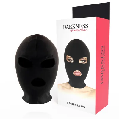 Black balaclava next to packaging with image and inscription "Darkness Black Balaclava".