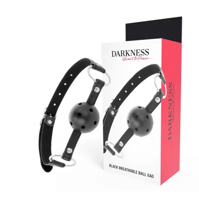 Schwarzer, atmungsaktiver Ballknebel mit Verpackung, Markenname "Darkness".