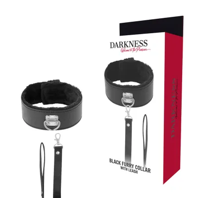 Black, fur-lined collar with leash, packaging with "Darkness" logo and slogan "Welcome to the Pleasure".