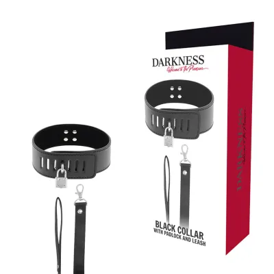 Black collar with padlock and leash, packaging with "Darkness" logo and slogan "Welcome to the Pleasure".