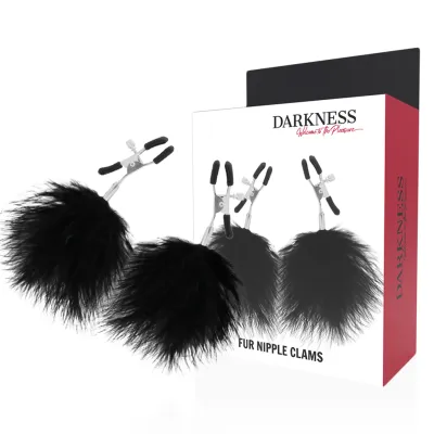 Black nipple clamps with fur, packaging with product image in the background.