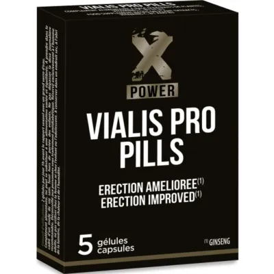 Schwarze Verpackung von Vialis Pro Pills mit 5 Kapseln, verspricht verbesserte Erektion, enthält Ginseng.