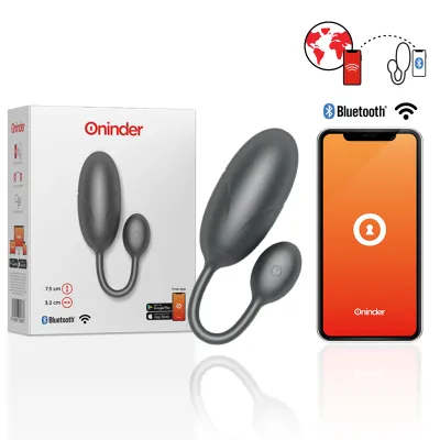 Grey Bluetooth vibrator set with smartphone app and packaging, compatible with iOS and Android.