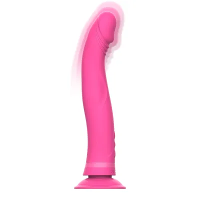 Pink vibrator with curved tip and suction cup, standing on a white background.