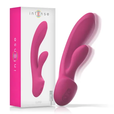 Rosa Vibrator mit Verpackung, USB-Kabel und Bedienelementen, Marke "intense".