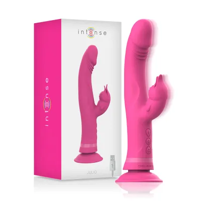 Pink vibrator with packaging, USB cable and controls. Brand "intense", model "Julio".