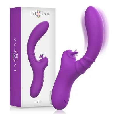 Lila Vibrator mit Verpackung, gebogenes Design, Markenname "intense" auf der Box.