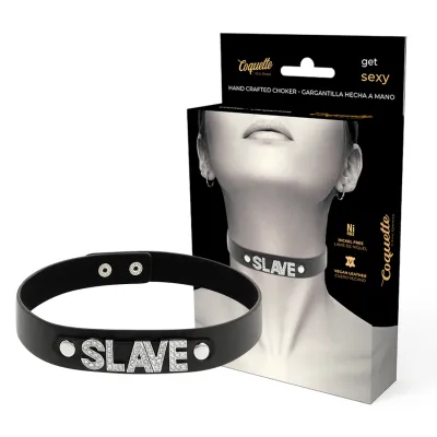 Black collar with the word "SLAVE" in rhinestones, in front of packaging with a photo of the collar on the neck.