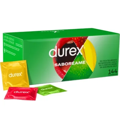 Green Durex packaging containing 144 condoms, flavors: strawberry, orange, banana, apple. Three colorful condoms on the front.