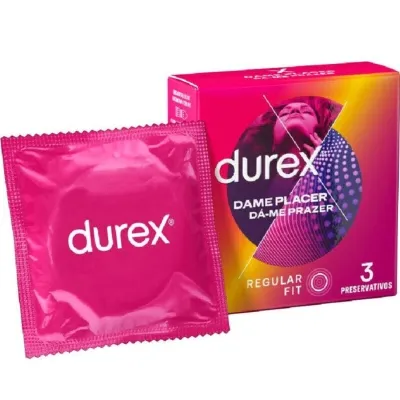 Durex Kondomverpackung und Schachtel mit der Aufschrift "Dame Placer", pink und gelb gestaltet.