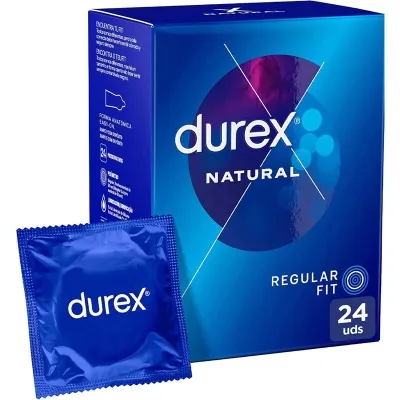 Blue Durex Natural condom packaging containing 24 pieces, next to it a single condom in blue foil.