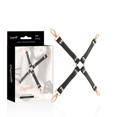 Black hogtie set with gold details, packaging shows product and model.