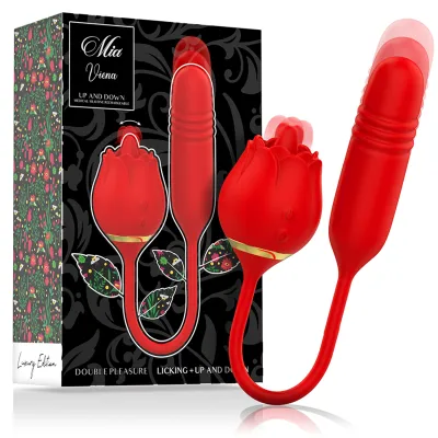 Rotes, rosenförmiges Massagegerät mit Verpackung, floral verziert, für doppelte Stimulation.