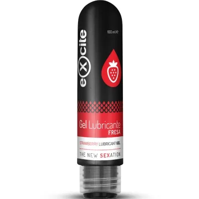 Black tube with red label, inscription "Gel Lubricante Fresa", strawberry symbol, 100 ml.