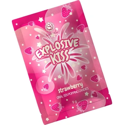 Pink packaging with the inscription "Explosive Kiss", strawberry motif, 9g, party poppers for oral sex.