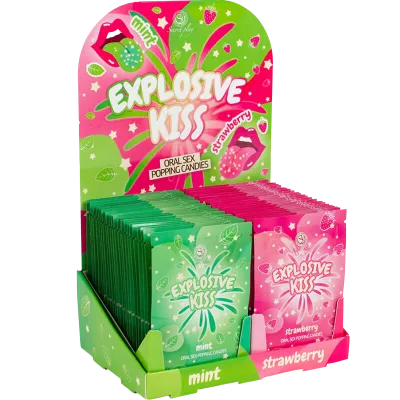 Colorful packaging of "Explosive Kiss" cracker candies in mint and strawberry, presented on a display.