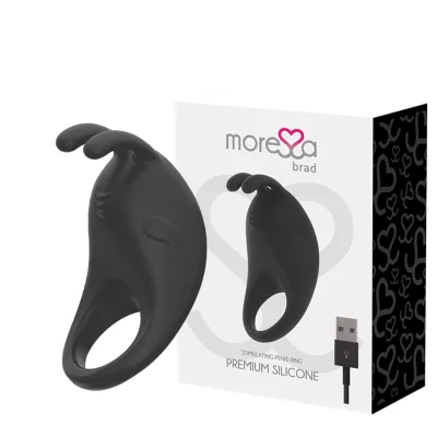 Black silicone penis ring with packaging and USB cable, brand Morea.