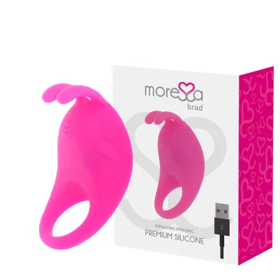 Pink silicone penis ring with packaging and USB cable, brand "Moresa Brad".
