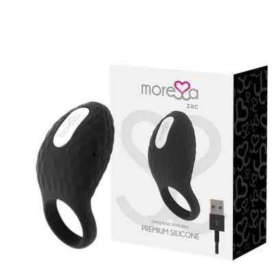 Black silicone penis ring with packaging and USB charging cable, brand "Moresa Zac".