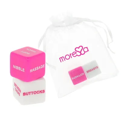 Two dice with erotic instructions and body parts, in a white bag with a "more" logo.