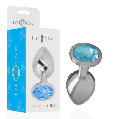 Silver anal plug with blue crystal, packaging with "intense" logo and "Anal Plug Size S" inscription.