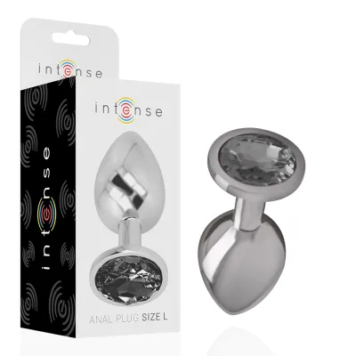 Silver anal plug with gemstone, size L, next to packaging with "intense" logo.