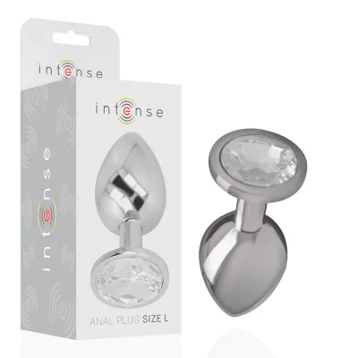 Silver anal plug with crystal, size L, next to packaging with "intense" logo.