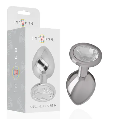 Silver anal plug with crystal, size M, next to packaging with "intense" logo.