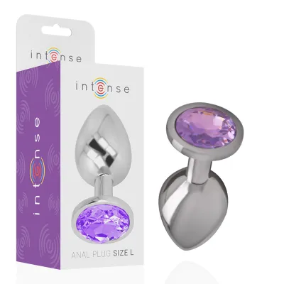 Silver anal plug with purple crystal, packaging with "intense" logo, size L.