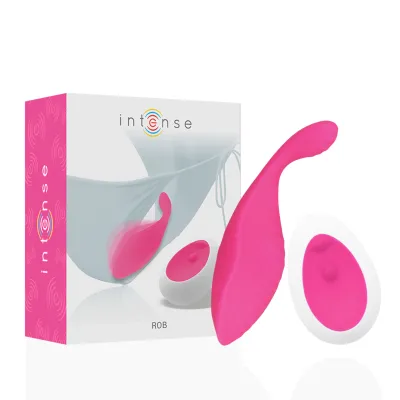 Pinkes Intimspielzeug mit Fernbedienung, neben Verpackung mit der Aufschrift "intense ROB".