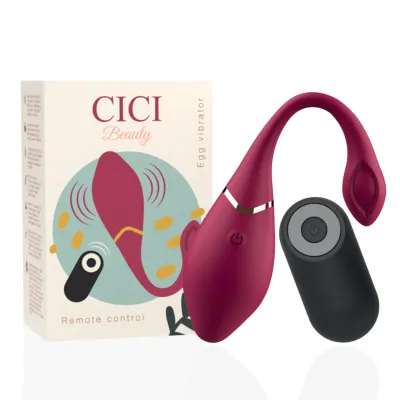 Red egg vibrator with remote control and packaging, inscription "CICI Beauty".