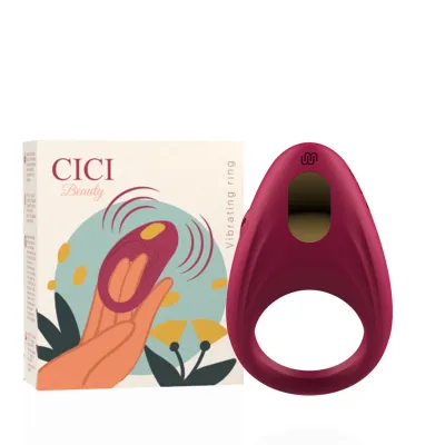 Red vibrating ring next to packaging with stylized design and the inscription "CICI Beauty".