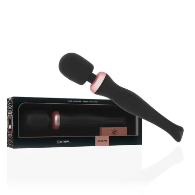 Black massage wand with pink accents, next to matching packaging with a decorative pattern.